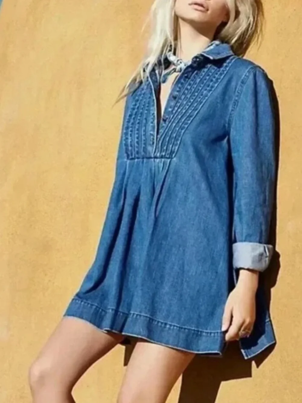 Free People Denim Tunic Mini Dress in Baby Blues